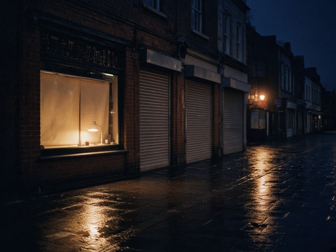 A British high street after closing. One shop window is still lit.