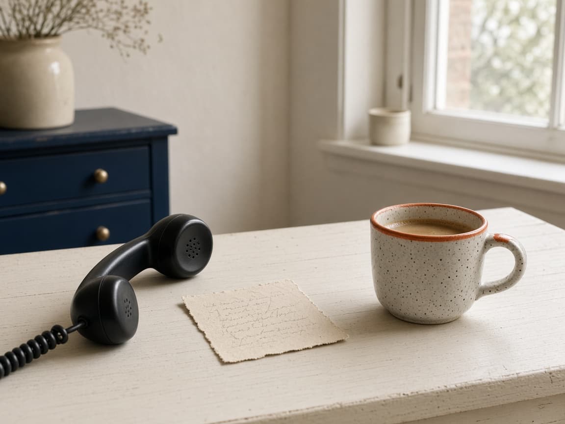 A morning call waiting: a telephone, a note, and coffee.