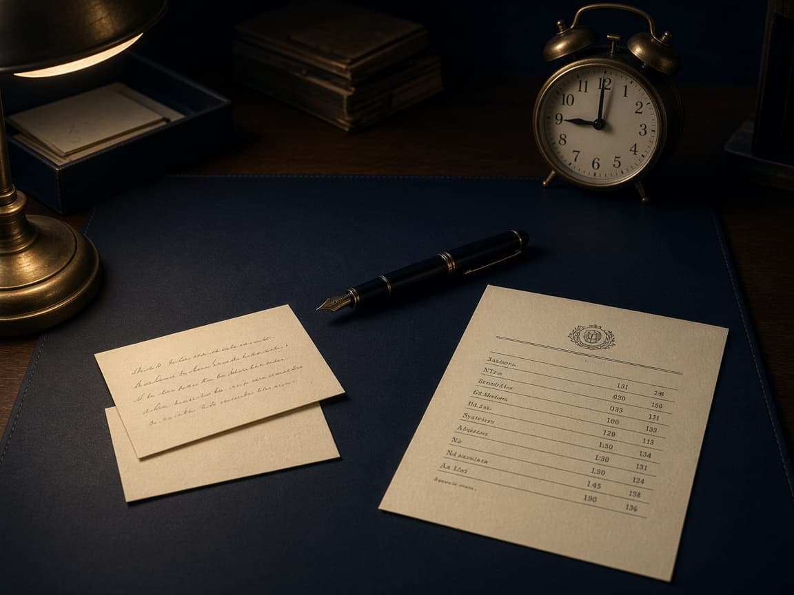 A night briefing on a desk: cards, a pen, and the hours.